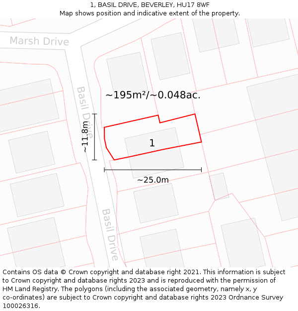 1, BASIL DRIVE, BEVERLEY, HU17 8WF: Plot and title map