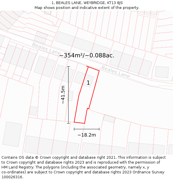 1, BEALES LANE, WEYBRIDGE, KT13 8JS: Plot and title map