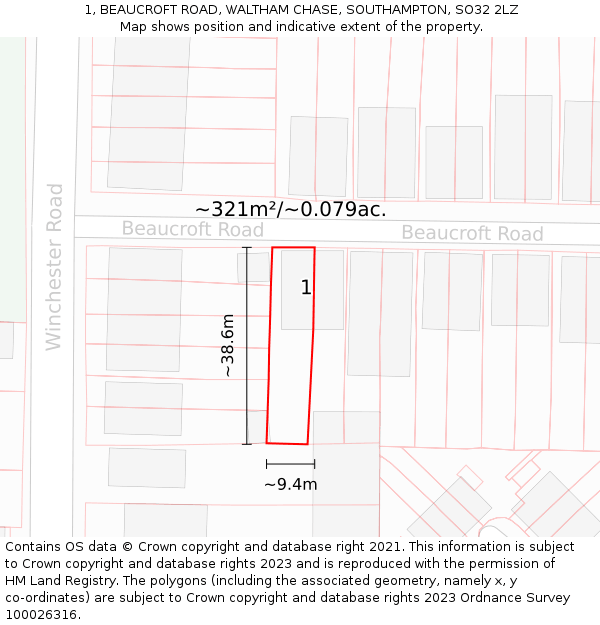 1, BEAUCROFT ROAD, WALTHAM CHASE, SOUTHAMPTON, SO32 2LZ: Plot and title map