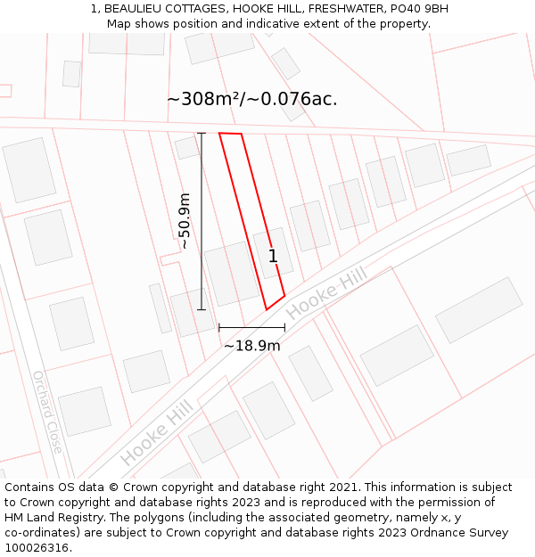 1, BEAULIEU COTTAGES, HOOKE HILL, FRESHWATER, PO40 9BH: Plot and title map