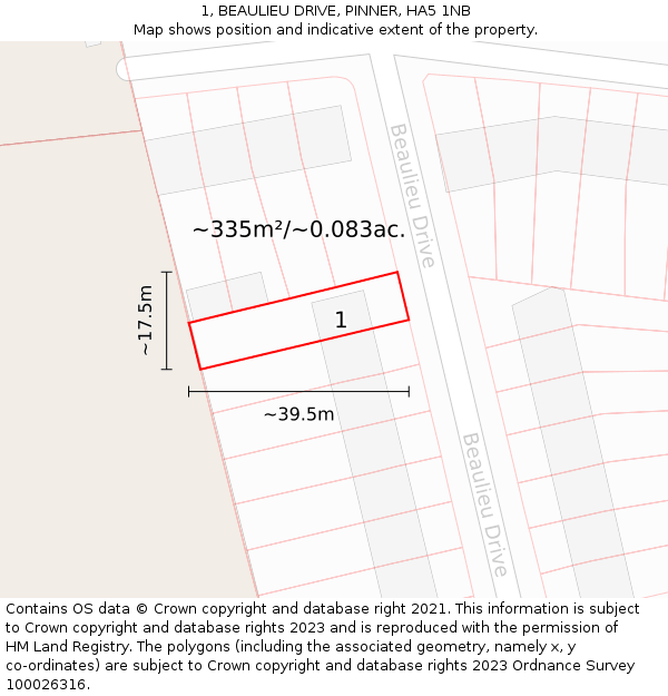 1, BEAULIEU DRIVE, PINNER, HA5 1NB: Plot and title map