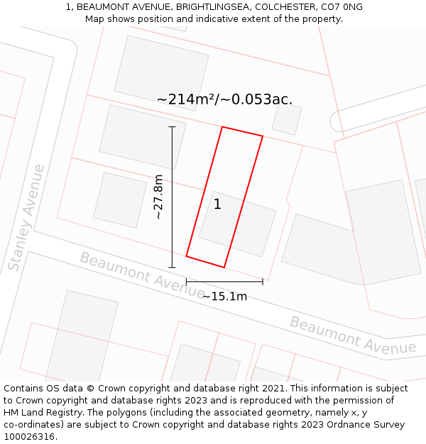 1, BEAUMONT AVENUE, BRIGHTLINGSEA, COLCHESTER, CO7 0NG: Plot and title map