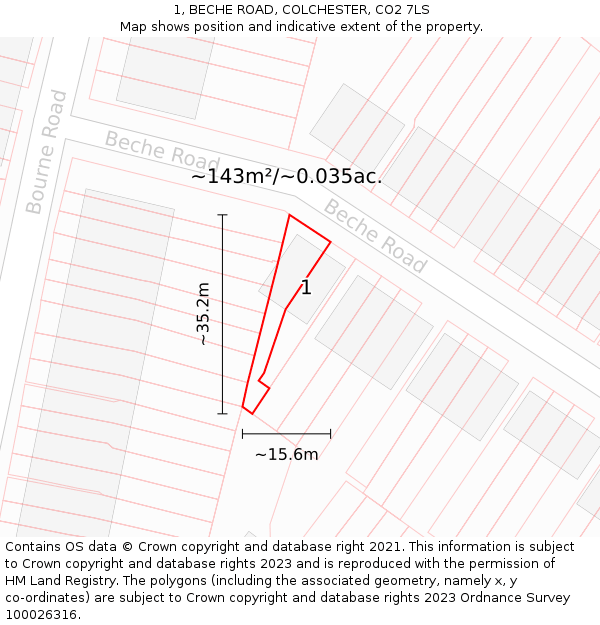 1, BECHE ROAD, COLCHESTER, CO2 7LS: Plot and title map