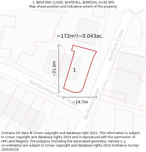 1, BEDFORD CLOSE, WHITEHILL, BORDON, GU35 9PS: Plot and title map