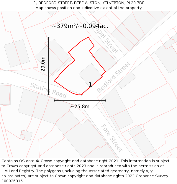 1, BEDFORD STREET, BERE ALSTON, YELVERTON, PL20 7DF: Plot and title map