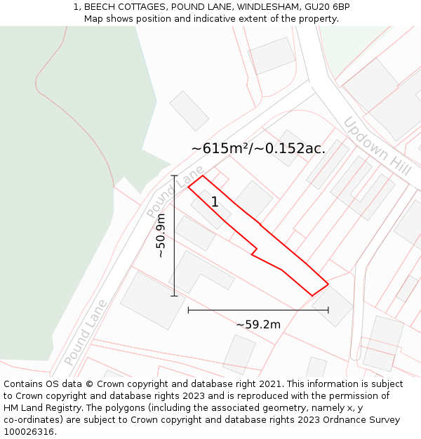 1, BEECH COTTAGES, POUND LANE, WINDLESHAM, GU20 6BP: Plot and title map