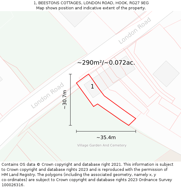 1, BEESTONS COTTAGES, LONDON ROAD, HOOK, RG27 9EG: Plot and title map