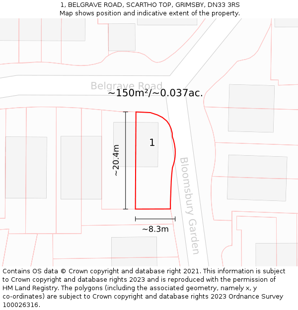 1, BELGRAVE ROAD, SCARTHO TOP, GRIMSBY, DN33 3RS: Plot and title map