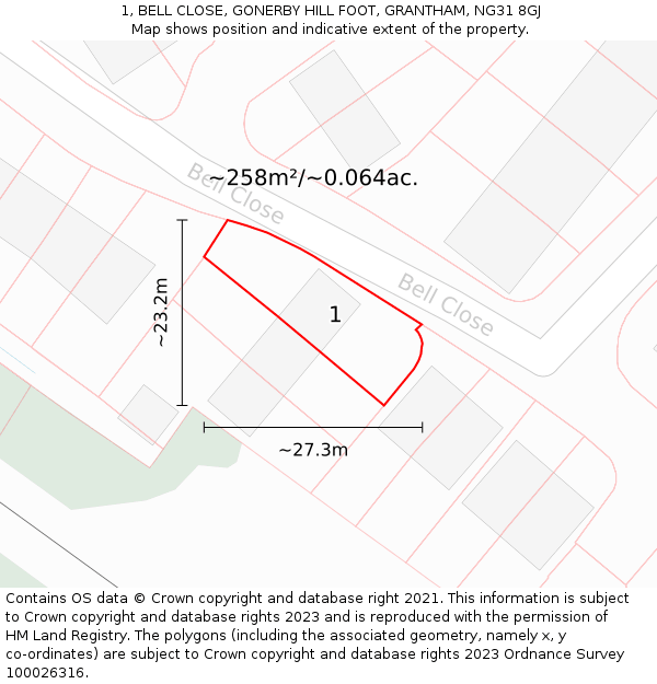 1, BELL CLOSE, GONERBY HILL FOOT, GRANTHAM, NG31 8GJ: Plot and title map