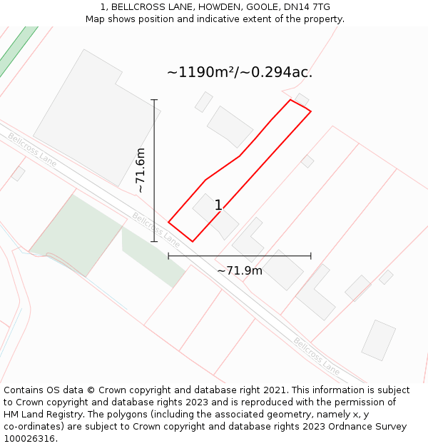 1, BELLCROSS LANE, HOWDEN, GOOLE, DN14 7TG: Plot and title map