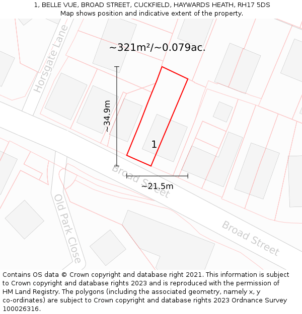 1, BELLE VUE, BROAD STREET, CUCKFIELD, HAYWARDS HEATH, RH17 5DS: Plot and title map