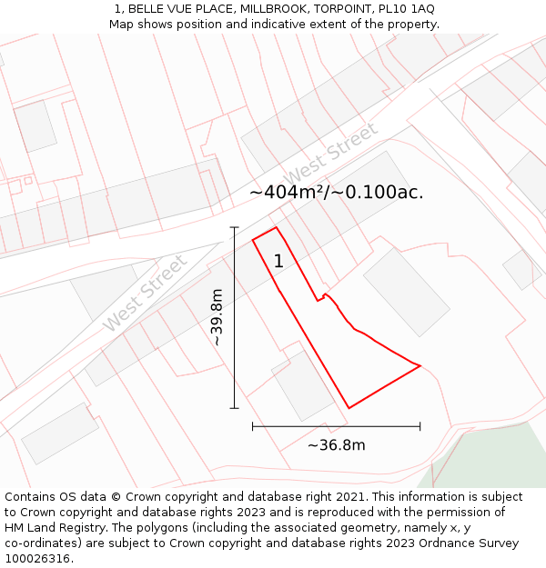 1, BELLE VUE PLACE, MILLBROOK, TORPOINT, PL10 1AQ: Plot and title map