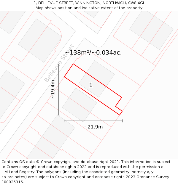 1, BELLEVUE STREET, WINNINGTON, NORTHWICH, CW8 4GL: Plot and title map