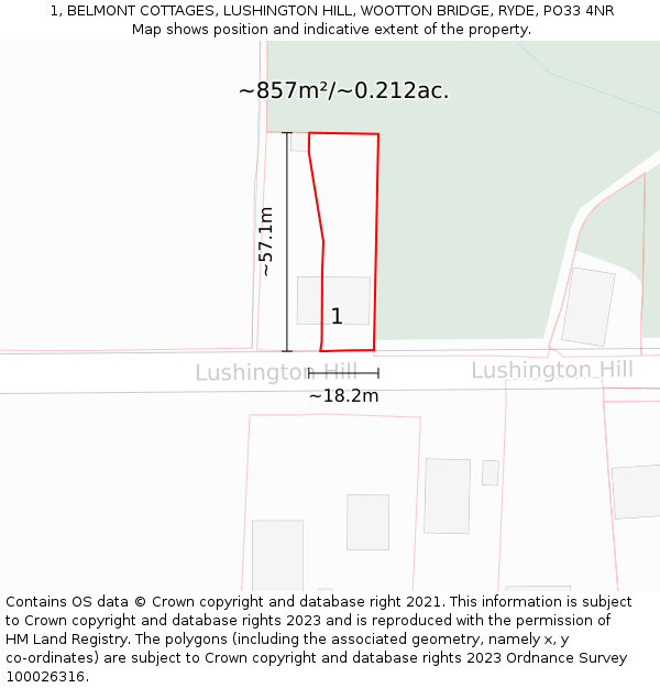 1, BELMONT COTTAGES, LUSHINGTON HILL, WOOTTON BRIDGE, RYDE, PO33 4NR: Plot and title map