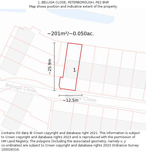 1, BELUGA CLOSE, PETERBOROUGH, PE2 8NR: Plot and title map