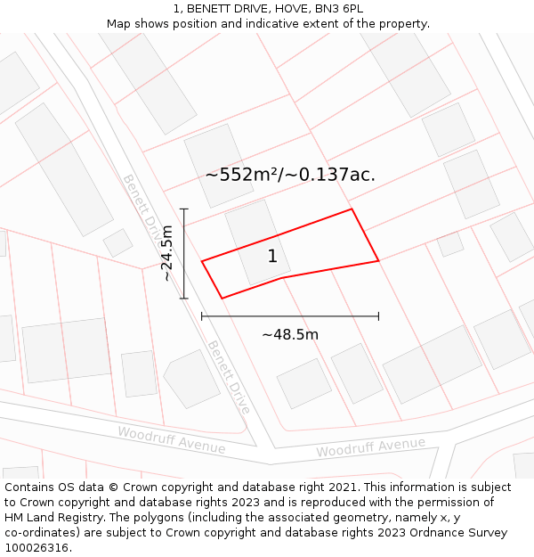 1, BENETT DRIVE, HOVE, BN3 6PL: Plot and title map