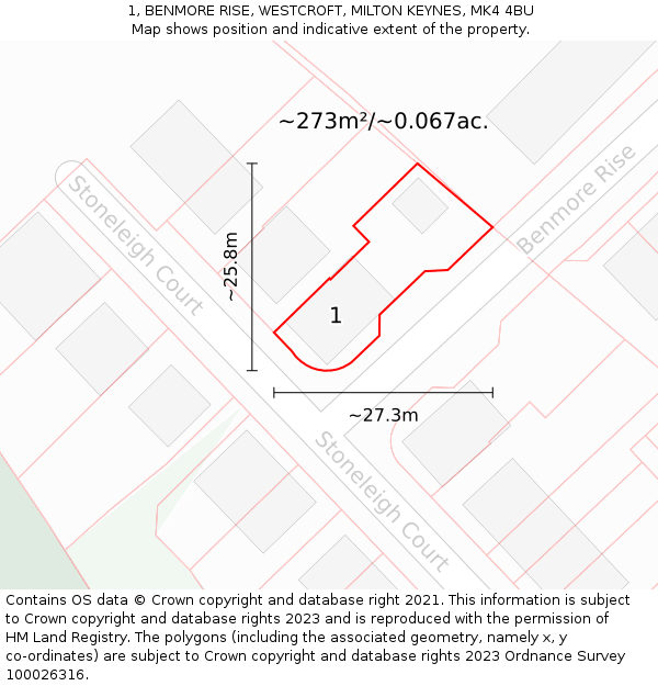 1, BENMORE RISE, WESTCROFT, MILTON KEYNES, MK4 4BU: Plot and title map