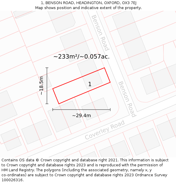 1, BENSON ROAD, HEADINGTON, OXFORD, OX3 7EJ: Plot and title map