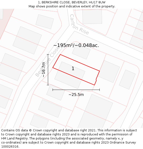 1, BERKSHIRE CLOSE, BEVERLEY, HU17 8UW: Plot and title map