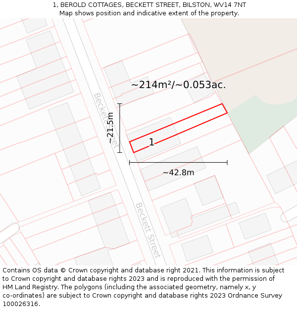 1, BEROLD COTTAGES, BECKETT STREET, BILSTON, WV14 7NT: Plot and title map