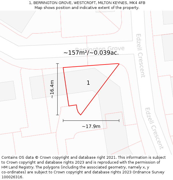 1, BERRINGTON GROVE, WESTCROFT, MILTON KEYNES, MK4 4FB: Plot and title map