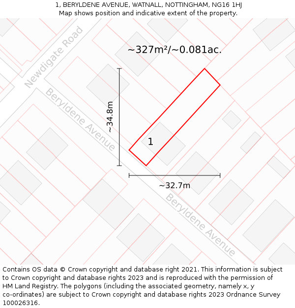 1, BERYLDENE AVENUE, WATNALL, NOTTINGHAM, NG16 1HJ: Plot and title map