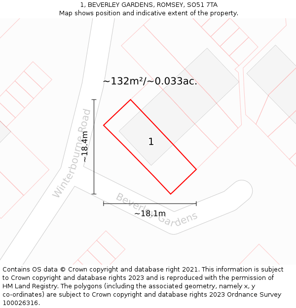 1, BEVERLEY GARDENS, ROMSEY, SO51 7TA: Plot and title map