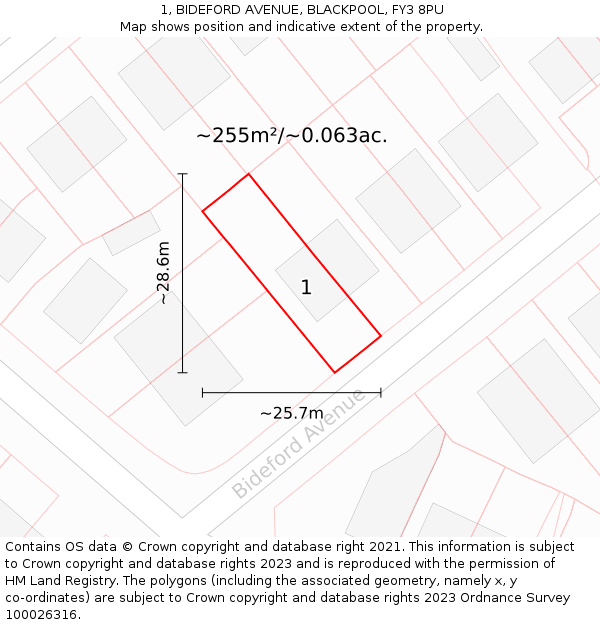 1, BIDEFORD AVENUE, BLACKPOOL, FY3 8PU: Plot and title map