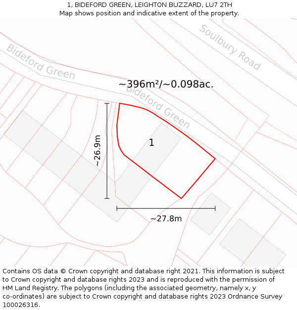1, BIDEFORD GREEN, LEIGHTON BUZZARD, LU7 2TH: Plot and title map