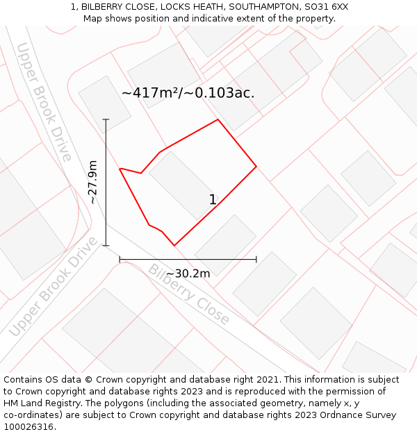1, BILBERRY CLOSE, LOCKS HEATH, SOUTHAMPTON, SO31 6XX: Plot and title map