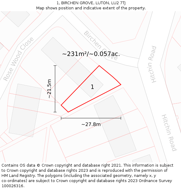 1, BIRCHEN GROVE, LUTON, LU2 7TJ: Plot and title map