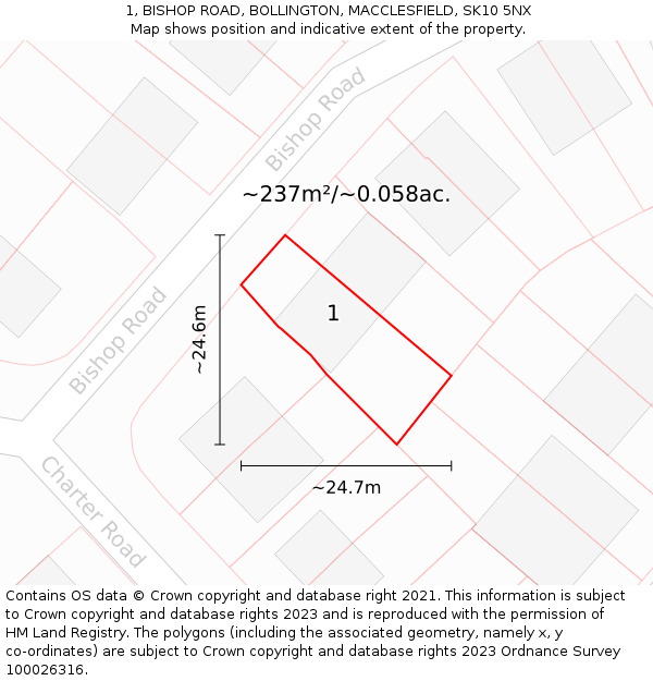 1, BISHOP ROAD, BOLLINGTON, MACCLESFIELD, SK10 5NX: Plot and title map