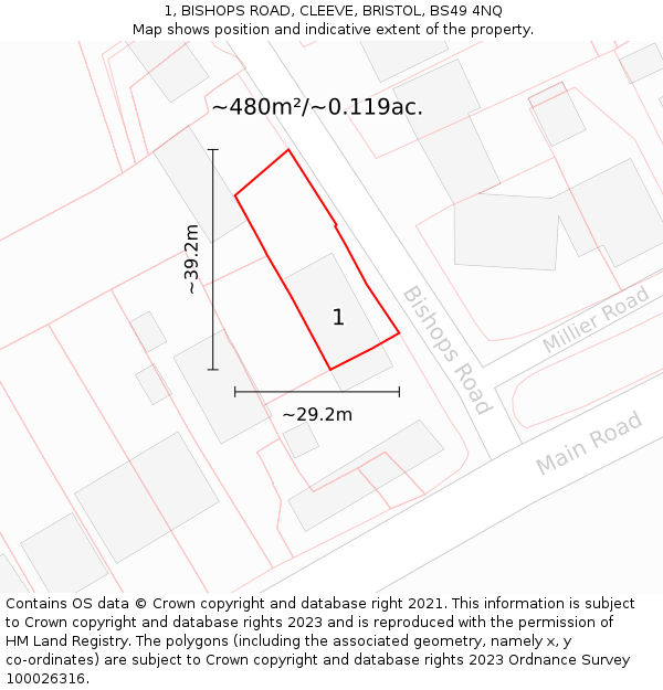 1, BISHOPS ROAD, CLEEVE, BRISTOL, BS49 4NQ: Plot and title map