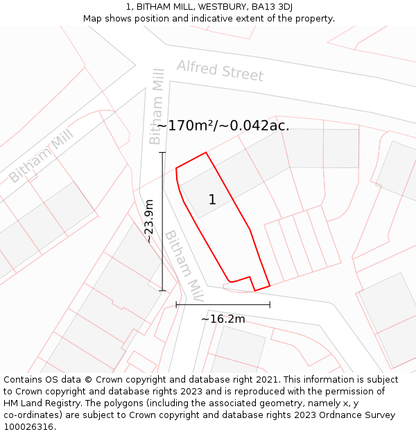 1, BITHAM MILL, WESTBURY, BA13 3DJ: Plot and title map