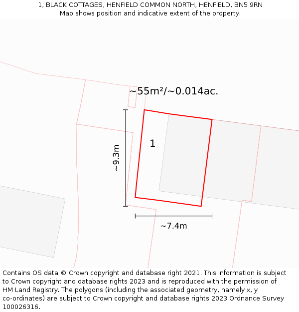 1, BLACK COTTAGES, HENFIELD COMMON NORTH, HENFIELD, BN5 9RN: Plot and title map