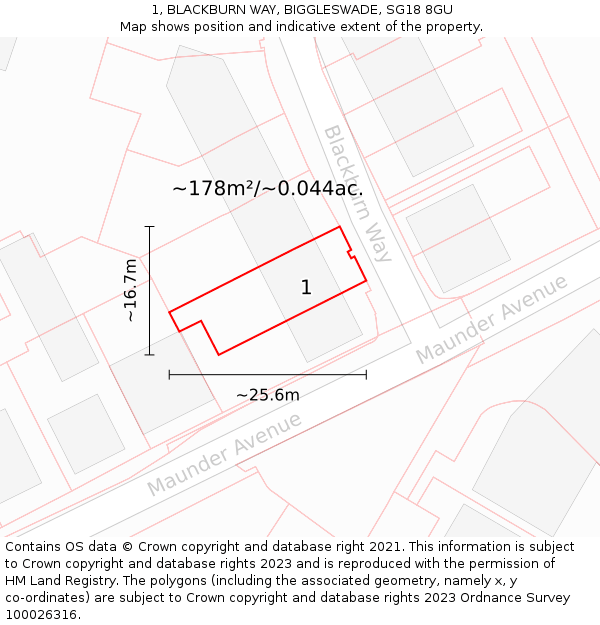 1, BLACKBURN WAY, BIGGLESWADE, SG18 8GU: Plot and title map