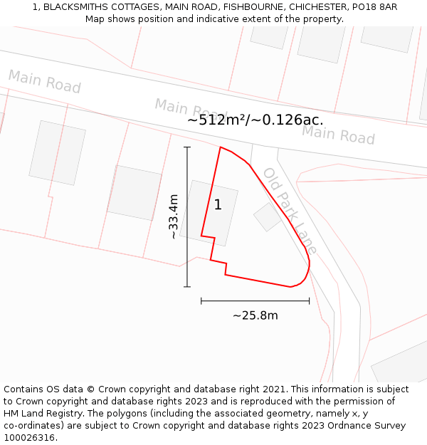 1, BLACKSMITHS COTTAGES, MAIN ROAD, FISHBOURNE, CHICHESTER, PO18 8AR: Plot and title map