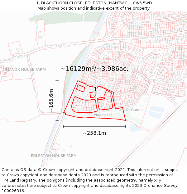 1, BLACKTHORN CLOSE, EDLESTON, NANTWICH, CW5 5WD: Plot and title map