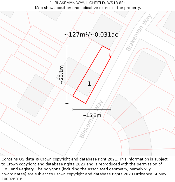 1, BLAKEMAN WAY, LICHFIELD, WS13 8FH: Plot and title map