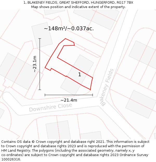 1, BLAKENEY FIELDS, GREAT SHEFFORD, HUNGERFORD, RG17 7BX: Plot and title map