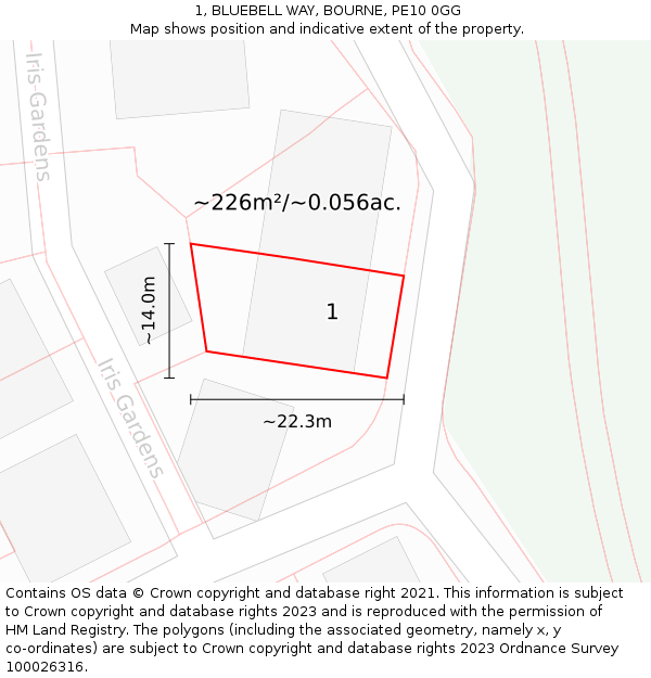 1, BLUEBELL WAY, BOURNE, PE10 0GG: Plot and title map