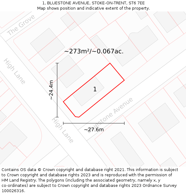 1, BLUESTONE AVENUE, STOKE-ON-TRENT, ST6 7EE: Plot and title map