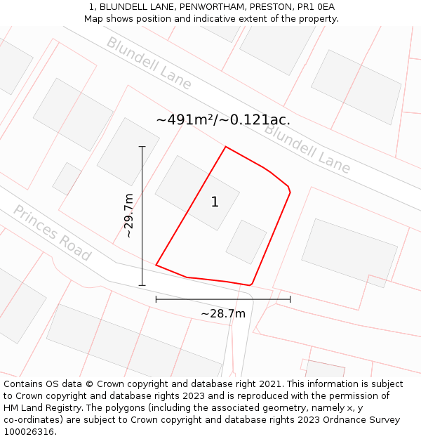 1, BLUNDELL LANE, PENWORTHAM, PRESTON, PR1 0EA: Plot and title map