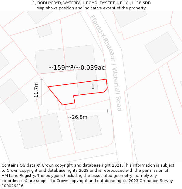 1, BODHYFRYD, WATERFALL ROAD, DYSERTH, RHYL, LL18 6DB: Plot and title map