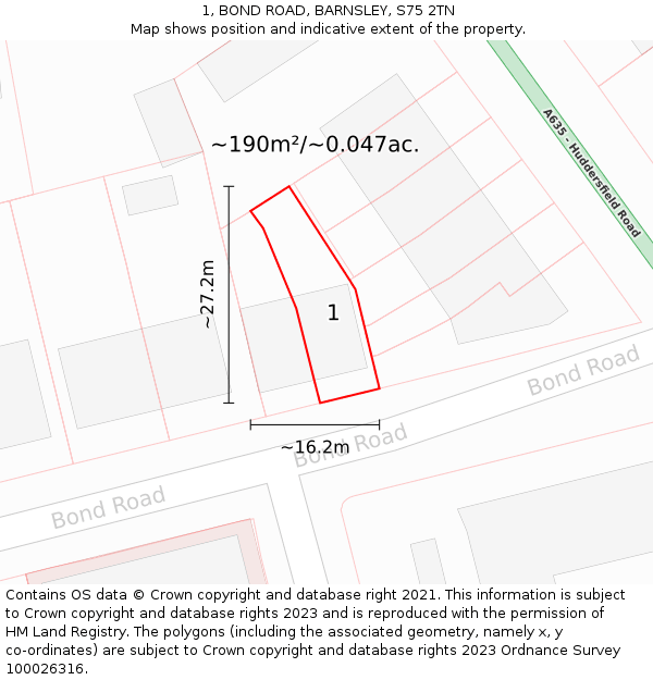 1, BOND ROAD, BARNSLEY, S75 2TN: Plot and title map