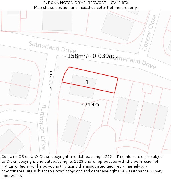 1, BONNINGTON DRIVE, BEDWORTH, CV12 8TX: Plot and title map