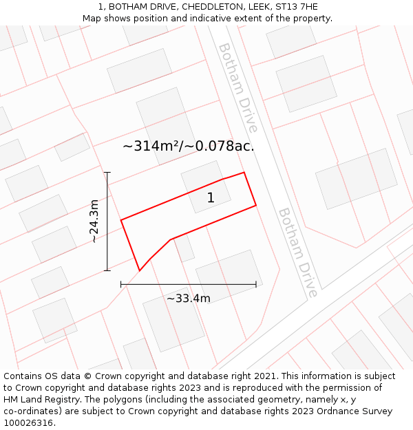 1, BOTHAM DRIVE, CHEDDLETON, LEEK, ST13 7HE: Plot and title map