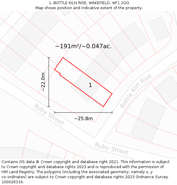 1, BOTTLE KILN RISE, WAKEFIELD, WF1 2GG: Plot and title map