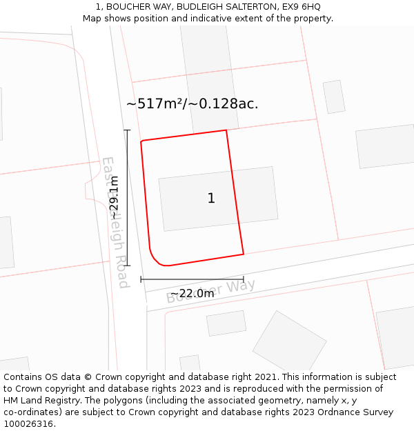 1, BOUCHER WAY, BUDLEIGH SALTERTON, EX9 6HQ: Plot and title map