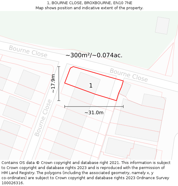 1, BOURNE CLOSE, BROXBOURNE, EN10 7NE: Plot and title map